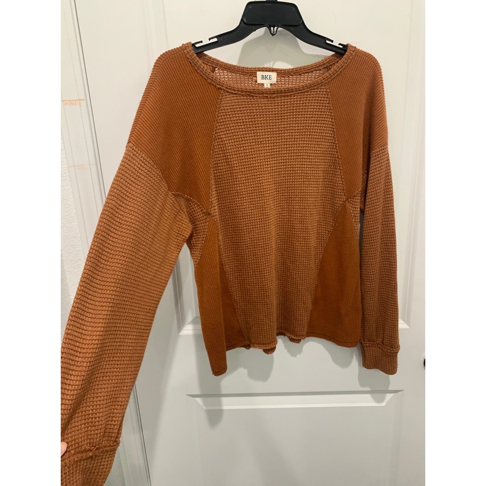 BKE Womens Rust Orange Waffle Knit Ribbed Mixed Texture Long Sleeve Top Small